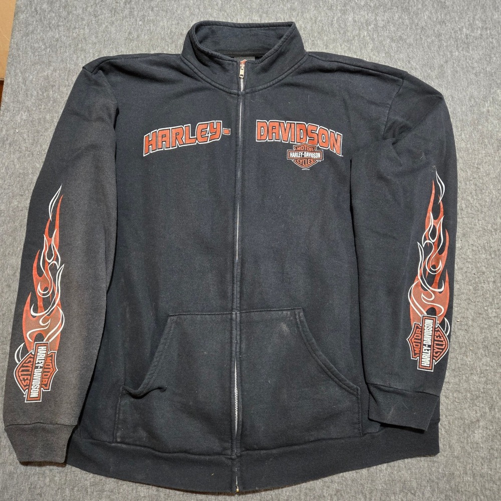 Vintage Harley-Davidson Full Zip Sweatshirt Mens 2XL Flame Sleeves Black Pinup